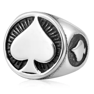 Polished stainless steel signet ring with black spade emblem for men and women