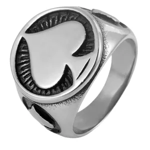 Vintage stainless steel ring featuring a prominent spade design with textured background