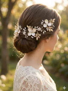 Detailed side view of a golden bridal hair comb with pearls and crystals on a model