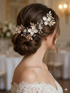 Detailed close-up view of a gold handmade bridal hair comb with pearls and crystals
