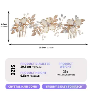 Exquisite handmade bridal floral hair comb with gold crystals and pearls 19.5cm x 6.5cm