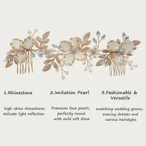 Close-up detail of bridal floral hair combs featuring premium faux pearls and rhinestones.