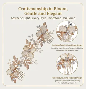 Detailed view of handmade bridal hair comb with gold flowers, pearls and rhinestones.