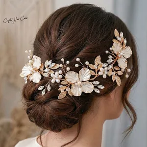 Gold Handmade Bridal Hair Comb Flower Leaf Design With White Rhinestones And Artificial Pearls French Romantic Wedding Women Jewelry