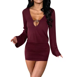 Elegant maroon deep V-neck long sleeve mini dress with hollow metal ring detail