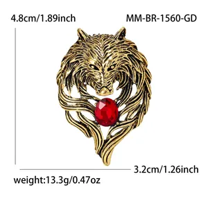 Detailed product measurements of vintage wolf head brooch with red rhinestone pendant.