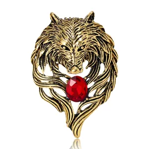 Retro Wolf Head Brooch For Men Vintage Alloy Inlaid Rhinestone Animal Lapel Pin Gothic Suits Coat Personality Accessories