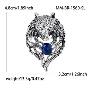 Vintage silver wolf head brooch with blue crystal gemstone for men suit lapel accessories