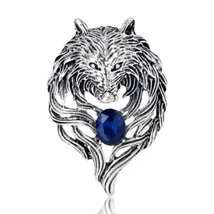 Vintage alloy wolf head brooch pendant with deep blue gemstone for suit accessory