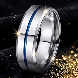 Stainless Steel Ring For Men Women Blue Groove Polished Finish Brushed Center Wedding Band Classic Fashion Jewelry Finger Ring