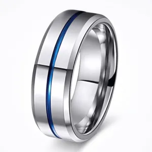 Men's titanium steel ring with brushed silver finish and blue center groove design