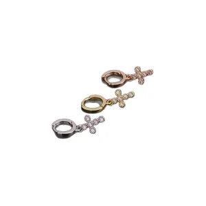 Elegant zircon encrusted cross charm hoop earrings in gold, silver, and rose gold