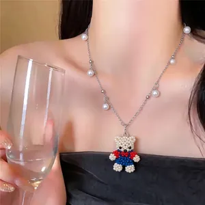 Korean Style Beaded Bear Pendant Necklace And Stud Earrings For Women Cute Hand Woven Glass Artificial Pearl Jewelry With 925 Sterling Silver Post