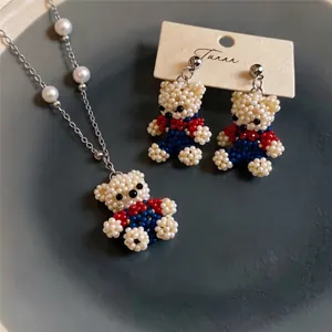 Cute handmade beaded bear necklace and earrings jewelry set for women in Korean style