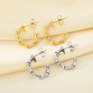 Stainless Steel Bamboo Joint C Shaped Hoop Earrings Minimalist Ins Style Bamboo Texture Jewelry For Women