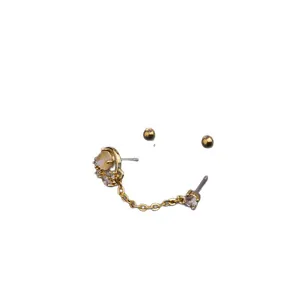 Elegant gold-plated stainless steel double piercing earring with sparkling zircon stones