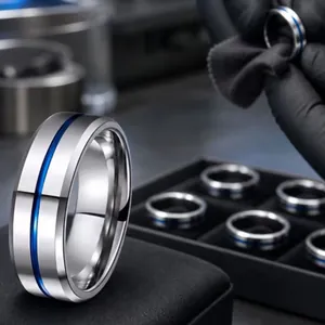 Silver stainless steel men's ring with thin blue groove inlay band