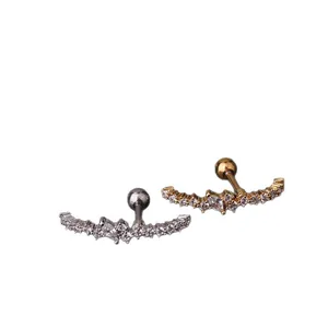Curved stainless steel piercing earrings with sparkling cubic zirconia floral design.