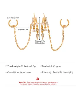 Detailed measurements of gold-toned tassel earrings with cubic zirconia and rivets.