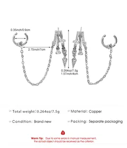 Detailed dimensions and specs for silver-toned zircon stud and cuff chain earrings