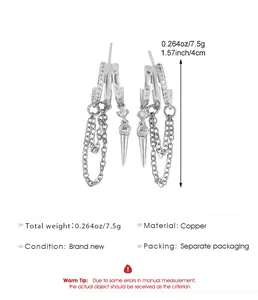 Detailed measurements of silver zircon tassel earrings in copper with spike charm