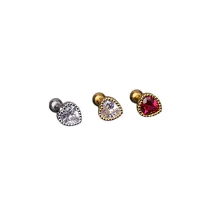 16G stainless steel heart piercing studs with colorful zircon stones in gold and silver