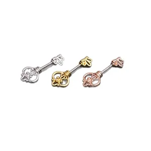 Vintage key-shaped stainless steel nipple piercings in silver, gold, and rose gold finishes.