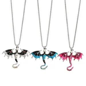 Set of three gothic flying dragon necklaces in black, blue and pink enamel finishes