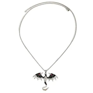 Gothic vintage flying dragon pendant necklace featuring a silver box chain and enamel detail