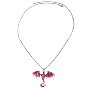 Detailed view of a gothic silver-tone necklace featuring a purple enameled flying dragon pendant
