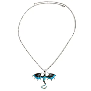 Detailed view of a Gothic flying dragon pendant necklace with blue and black wings
