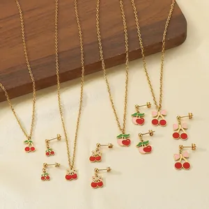 Collana E Orecchini A Ciliegia Gioielli In Acciaio Inossidabile Smalto Tema Frutta Dolce Accessorio Moda Per Donna