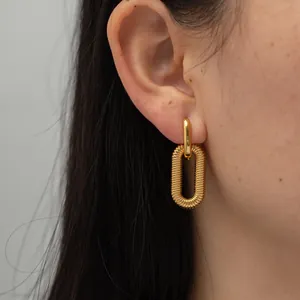 Gold chain link earrings for women, minimalist textured hoop pendant in stainless steel