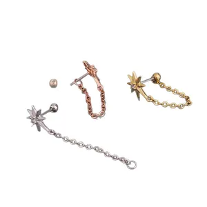 Zircon star stud earrings with chain in silver, gold, and rose gold finish