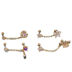 Gold stainless steel flower zircon earrings with chain for double piercing