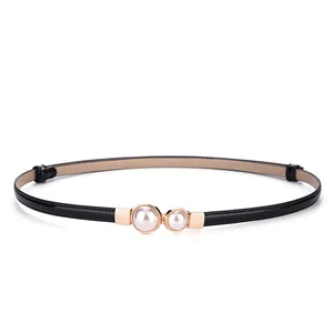 Ceinture fine en cuir noir élégante avec boucle en perles pour robes de femmes