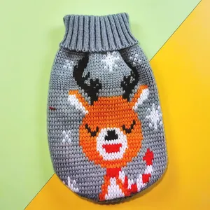 Detail view of a gray pet knitted sweater with a cute reindeer pattern for Christmas.