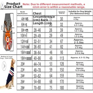 Detailed pet size chart for reindeer pattern Christmas dog knit sweater measurements.