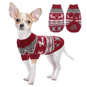 Cozy red Christmas dog sweater with knit reindeer and snowflake patterns on white bg