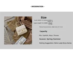 Detailed dimensions and storage capacity for the quilted mini square chain bag with gold chain
