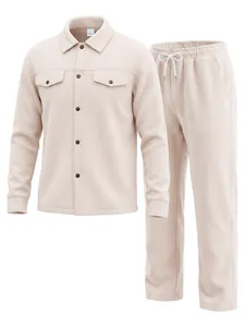 Casual beige fleece two-piece set featuring button-up shirt jacket and drawstring pants