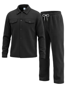 Detailed view of black men's jacket and pants set with lapel and drawstring