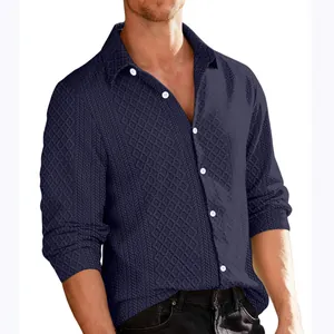 Men's elegant dark blue textured knit long-sleeved shirt with button-down lapel collar
