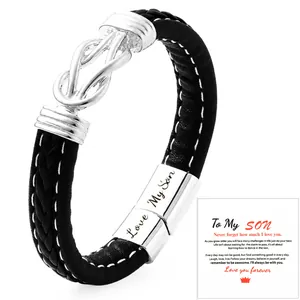 Bracciale in pelle intrecciata da uomo con chiusura magnetica incisa Love My Son