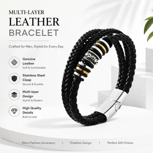 Detail of men's multi-layer braided leather bracelet featuring a magnetic steel clasp.