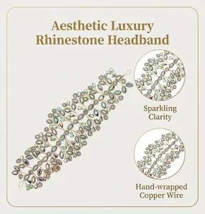 Detail view of handmade copper wire winding and sparkling rhinestones on bridal hairband.