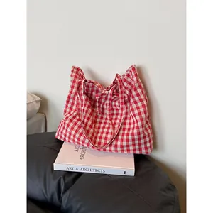 Borsa Tote in Tela Gingham da Donna Grande Capacità a Quadretti Borsa a Tracolla Con Fiocco Stile Coreano Pendolarismo