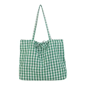 Borsa tote in tela a scacchi verdi di grande capacità con chiusura a fiocco per tutti i giorni