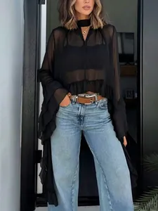 Elegant black sheer ruffle blouse with bell sleeves and high neck collar outfit