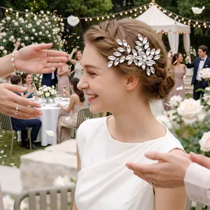 Detailed view of handmade bridal hair fork with marquise rhinestones on a braid